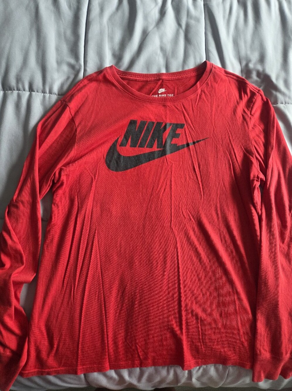 Nike Men’s Long Sleeve Red Tee with Black Logo Size Large